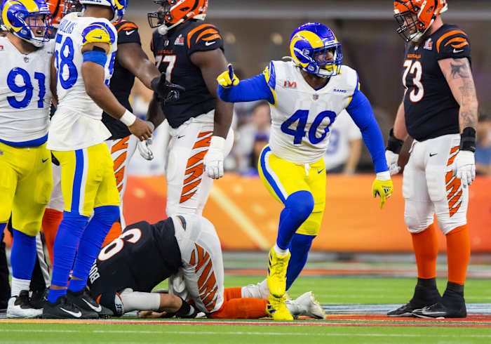 Feb 13, 2022; Inglewood, CA, USA; Los Angeles Rams linebacker Von Miller (40) celebrates after sacking Cincinnati Bengals quarterback Joe Burrow (9) during Super Bowl LVI at SoFi Stadium. Mandatory Credit: Mark J. Rebilas-USA TODAY Sports
